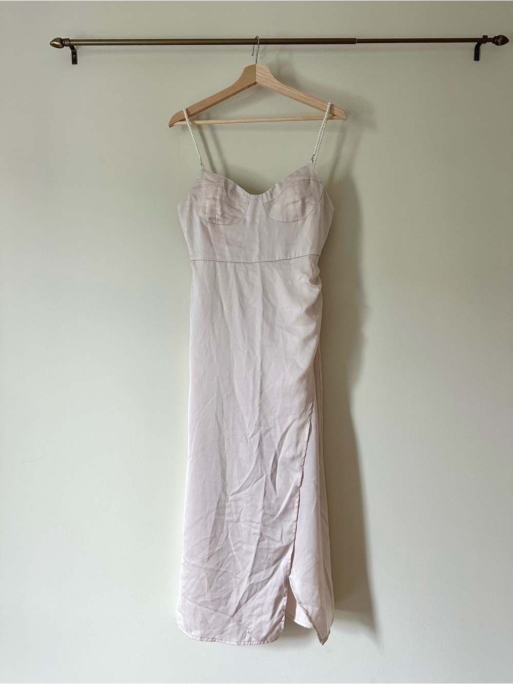 Pearl Strap Side Slit Satin Midi Dress